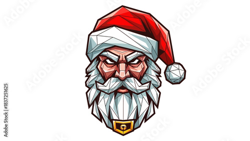 A cartoon illustration of a grumpy Santa Claus head mascot wearing a red and white Santa hat with a gold buckle on a white background.