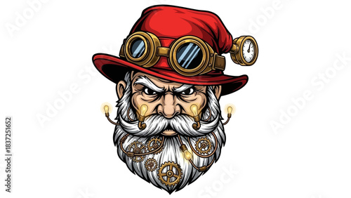 A steampunk-inspired head mascot with goggles and a red hat against a clean white background.