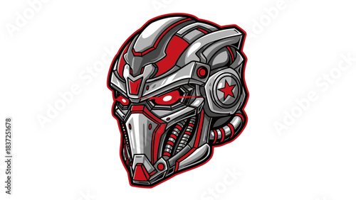 A futuristic robotic head mascot with metallic gray and red design elements against a clean white background.