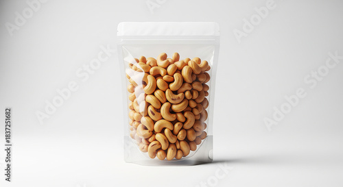 Roasted cashew nuts displayed in a clear resealable stand up pouch against a white background