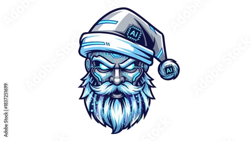 A stylized illustration of a blue-tinted Santa Claus head mascot wearing a hat on a white background with a futuristic feel.