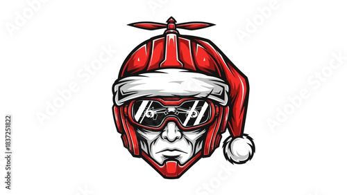 A cartoon head mascot wearing a red helmet and a Santa hat with sunglasses on a white background.