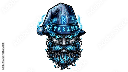 Illustration of a bearded head mascot wearing a hat with a blue and black color scheme and a mystical mood against a clean white background.