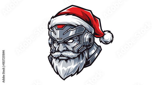 A robotic head mascot wearing a Santa hat with a metallic and cartoonish design on a white background.