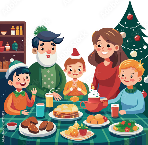 A cute family enjoying Christmas dinner, everyone smiling.