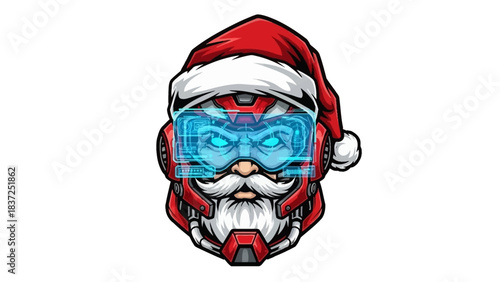 A cartoon head mascot of Santa Claus wearing futuristic blue goggles and a red helmet on a white background with a festive and technological feel.