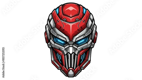 A close-up illustration of a red and silver robot head mascot with glowing blue eyes against a clean white background.