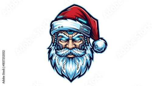 A cartoonish illustration of a grumpy Santa Claus head mascot wearing a red and white hat on a plain white background.
