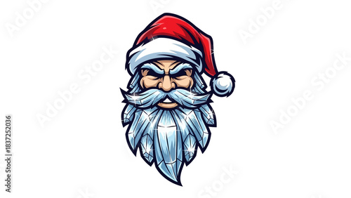 A cartoon illustration of a grumpy Santa Claus head mascot wearing a red and white hat on a plain white background with a bold and colorful style.