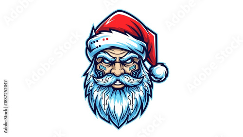 Cartoon illustration of a grumpy Santa Claus head mascot wearing a red and white hat on a white background with bold lines and vibrant colors.