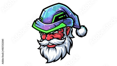 A cartoon head mascot wearing a colorful Santa hat with a menacing expression on a white background.