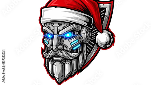 A robotic head mascot wearing a Santa hat with glowing blue eyes and a metallic beard against a clean white background.