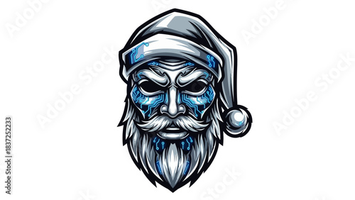 Illustration of a blue-painted head mascot wearing a Santa hat on a white background with a mix of blue and grey colors.