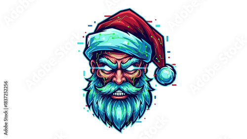 A digital illustration of a grumpy Santa Claus head mascot with a red hat and blue trim on a white background.