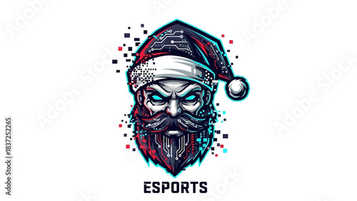 A head mascot illustration with a Santa hat and beard against a white background.