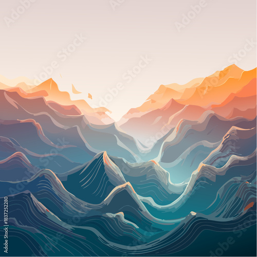 Experience the tranquil majesty of a stylized mountain range, where dawn's warm embrace meets twilight's cool serenity in a captivating layered landscape art