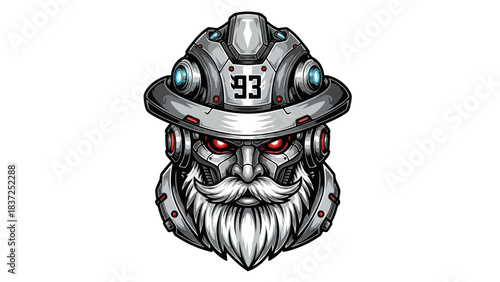 Digital illustration of a robotic head mascot with glowing red eyes and a metallic helmet numbered 93 on a white background.