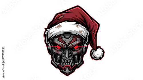 A robotic head mascot wearing a Santa hat with a menacing expression and red eyes on a white background.