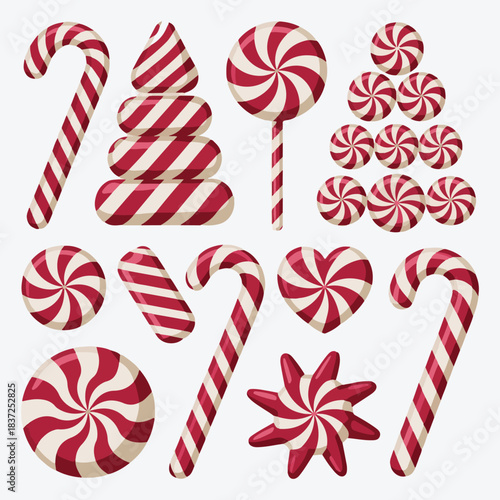 Holiday Sweets and Treats Vector Set: Lollipop, Candy Cane, and Swirls