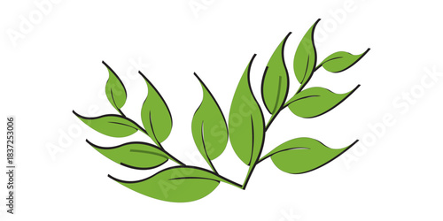 Stylized green leaves on a curved branch with bold black outlines simple flat illustration.