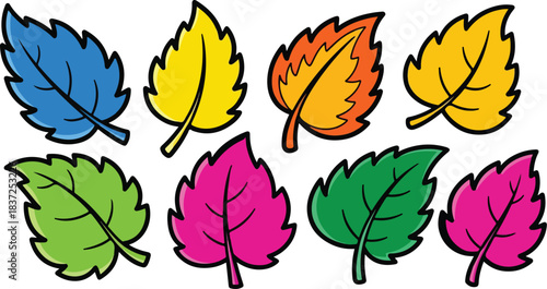 Vibrant collection of stylized autumn and spring leaves in various bright colors against a stark black backdrop for seasonal designs