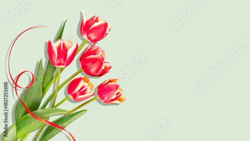 Red Tulip Bouquet with Curled Ribbon on Pastel Green Background With Copy Space. Concept of Spring Celebration, Holiday Greeting Cards, Romantic Floral Decor, and Festive Feminine Aesthetic