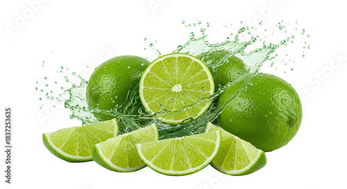 hyper-realistic macro photograph of vibrant emerald limes and slices caught in an explosive splash of luminous green liquid on a high-key white background, concept for beverage advertising