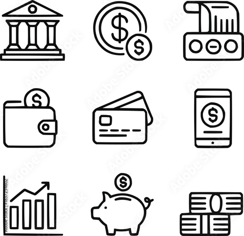 Finance and Money Outline Icon Set  Banking, Investment, and Payment Symbols