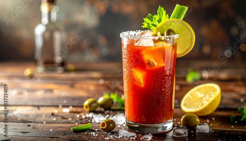 A refreshing Bloody Mary cocktail in a tall glass with a salted rim, garnished with celery, lemon, and olives, resting on a rustic wooden bar.