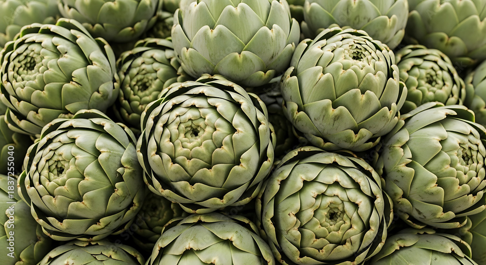 Obraz premium A dense cluster of fresh green artichokes with intricate layered textures, ideal for culinary, farming, and organic food concepts. Highlighting natural patterns and vibrant vegetable freshness.