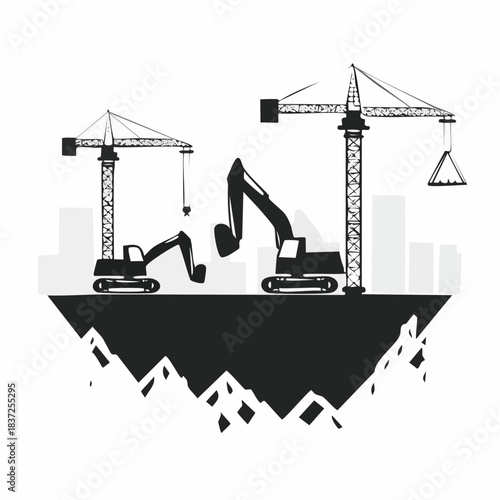 Construction Site with Cranes and Excavators Working on Building Foundation.