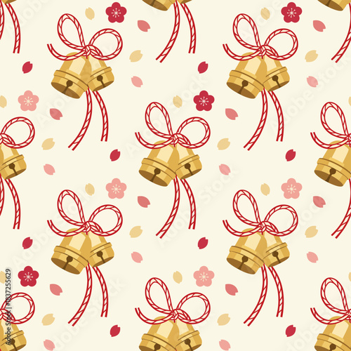 Japanese Suzu Shrine Bells Seamless Pattern with Red Braided Cord and Plum Blossoms on Cream Background Vector Design