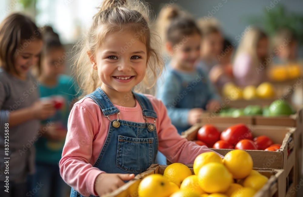 Fototapeta premium Smiling little girl holds crate of fresh lemons. Children arrange colorful vegetables, fruit in food bank. Volunteer at charity, sorting healthy produce, helping community aid center. Happy kids.