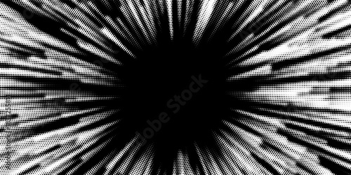 Edge frame. Halftone cartoon border. Pop art dot. Attention pattern. Faded attention texture. Black line isolated on white background. Concentration lines design. Grunge dots zoom. Vector illustration