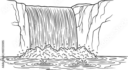 ink flow cascade natures unbridled power rendered in pristine line art, isolated on transparent background