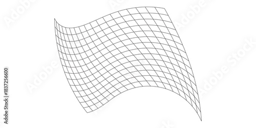 Monochrome 3D wireframe grid with a dynamic undulating and distorted surface.