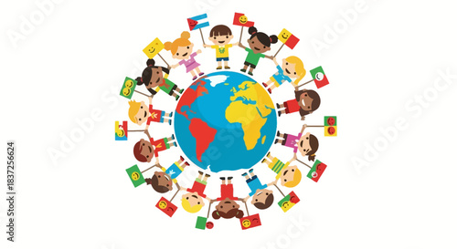 Diverse children from around the world holding hands around the globe illustration
