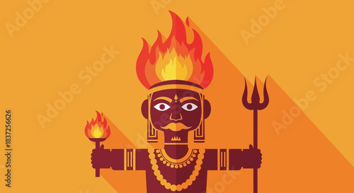 Stylized illustration of a fierce mythological deity with flames on its head, holding a torch and a trident, against an orange background.