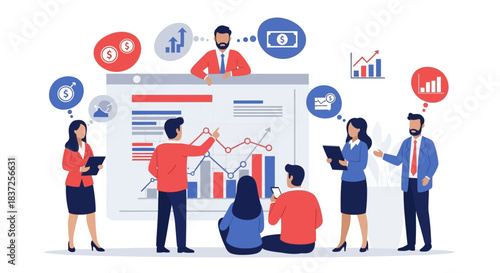 Business professionals analyzing data on a large screen in a collaborative environment