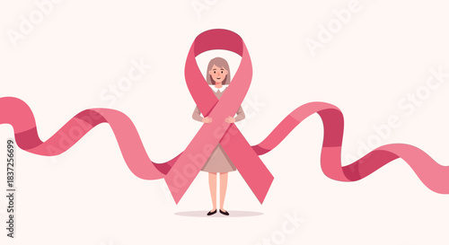 Illustration of a woman standing with a large, flowing pink ribbon, symbolizing breast cancer awareness and support.