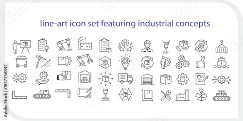 Monochrome vector line-art icon set featuring industrial concepts