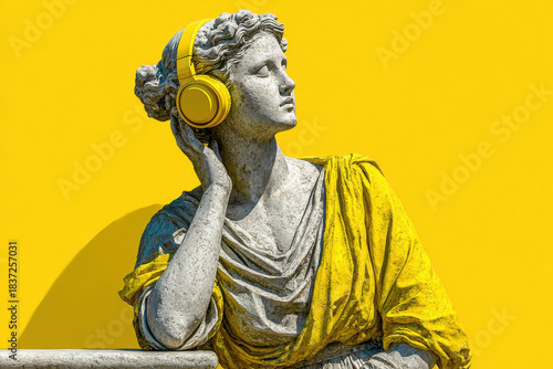 Plaster statue of a Greek goddess wearing headphones on a yellow background. Ancient statue in modern headphones.