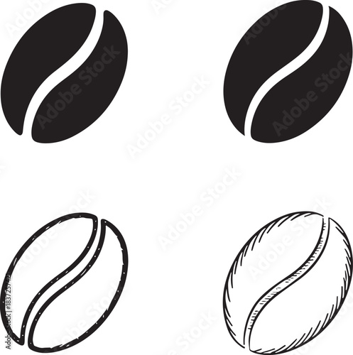 Four black coffee bean icons with solid and sketch styles seed food