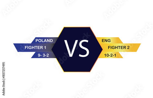 Print Versus screen graphic, fighter comparison, sports battle template, competition design, MMA fight, matchup title, opposition concept, championship card, scoreboard layout, VS background, dark hex
