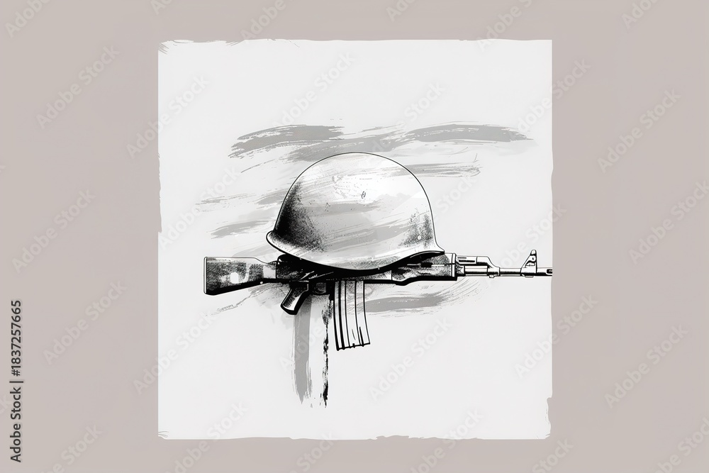 Obraz premium A military helmet rests on a rifle, serving as a memorial. This artwork symbolizes the respect and tribute to those who have served in the armed forces. The setting conveys remembrance