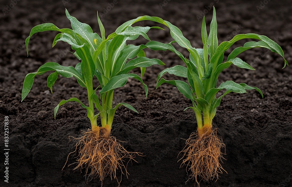 Fototapeta premium Young maize plants exhibit robust subterranean root systems. They grow in dark soil with green stalks and leaves.