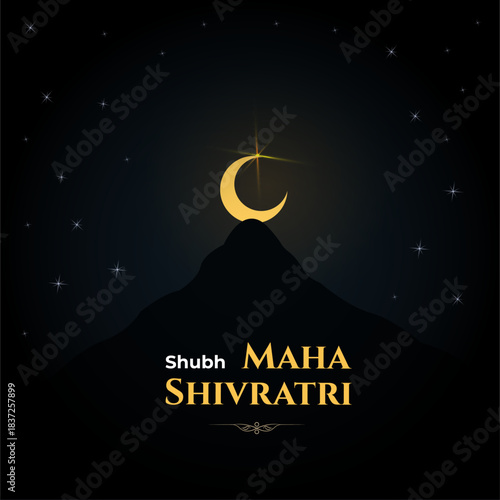 Minimalist night illustration for Maha Shivratri featuring a golden crescent moon above a dark mountain silhouette on a starry sky background