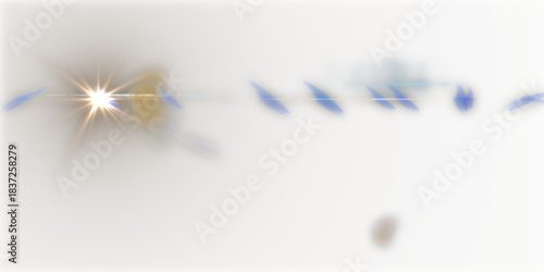 Bright starburst lens flare with abstract blue streaks and blurred circular background pattern image