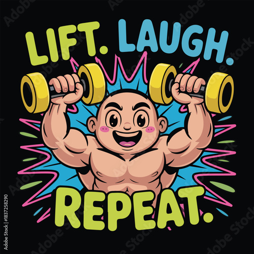 Cartoon man lifting yellow dumbbells with colorful background