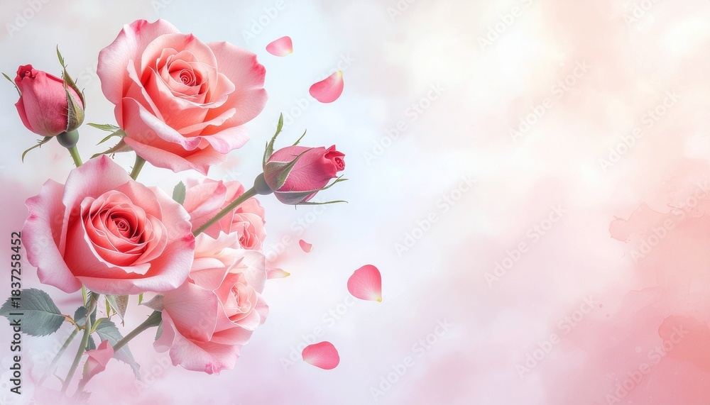Fototapeta premium Soft pink roses and delicate petals gracefully scattered against a dreamy, romantic background, evoking feelings of love and timeless elegance for special occasions